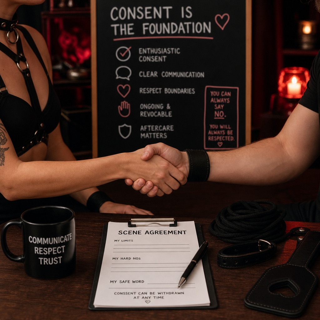 Couple shaking hands over a consent agreement, symbolizing communication, respect, and clear boundaries in intimacy.