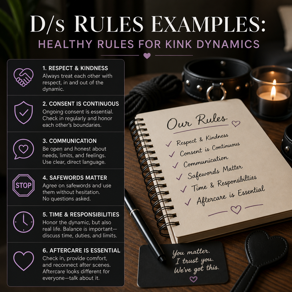 Infographic of healthy D/s rules: respect, consent, communication, and aftercare.