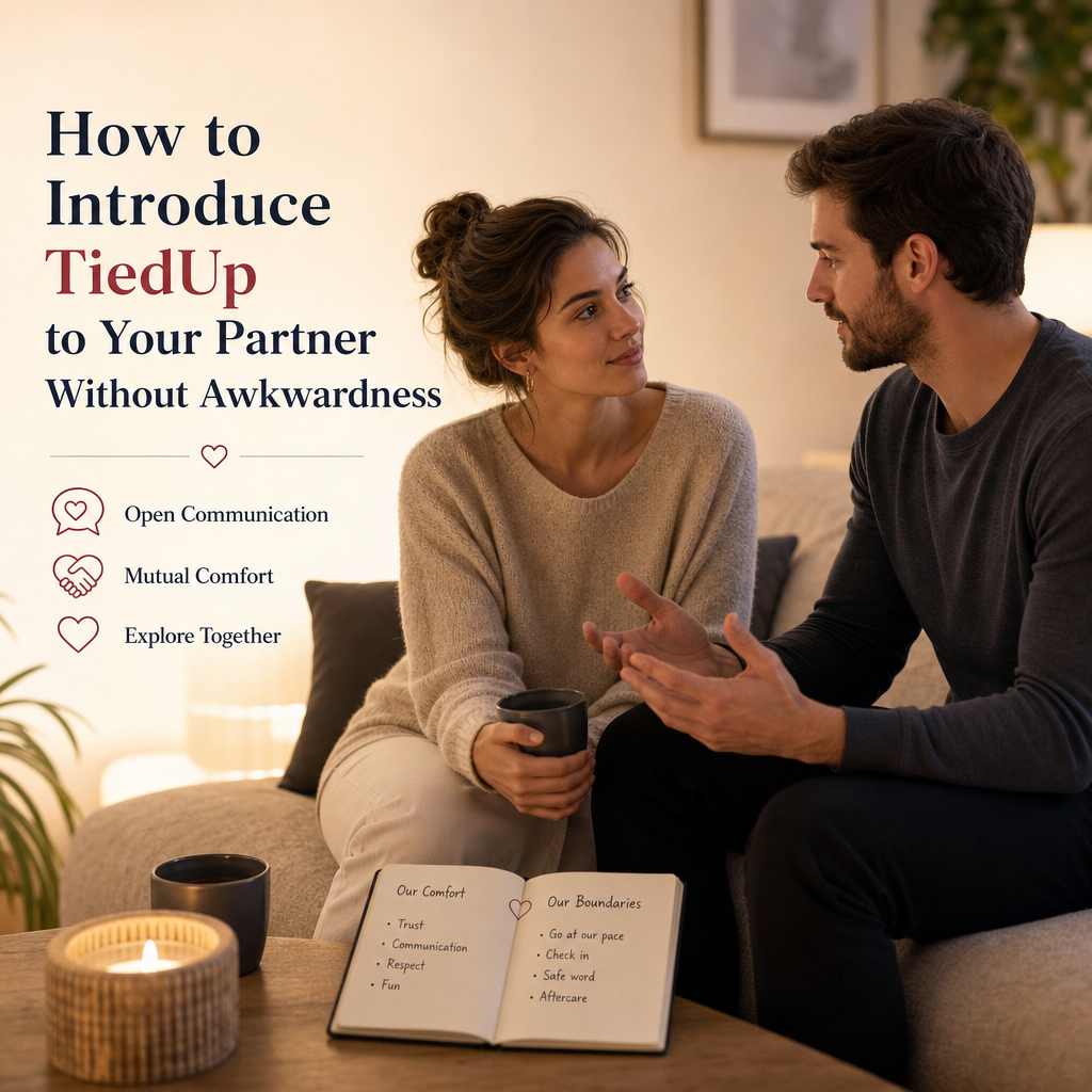 Couple having a calm conversation about introducing TiedUp for better communication and mutual comfort.