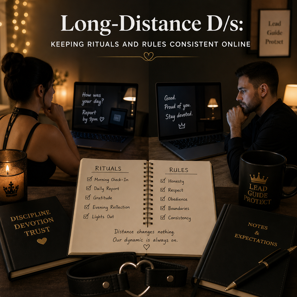 Couple using laptops and written rules to practice long-distance D/s rituals and maintain connection