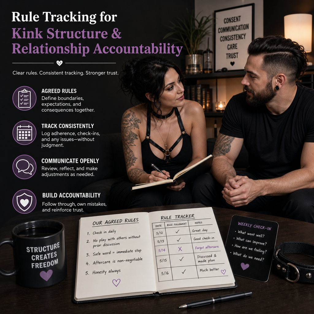 Couple reviewing a rule tracking system for kink structure and relationship accountability