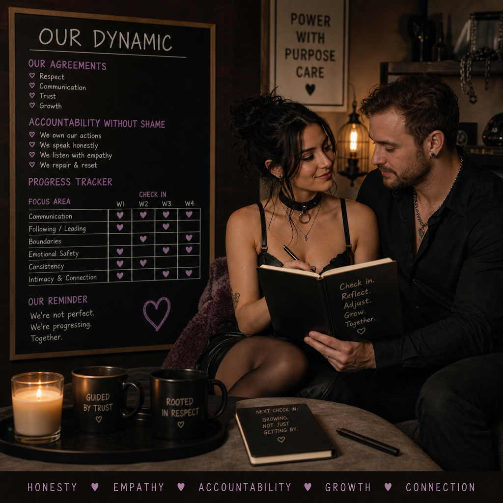 Couple in a cozy setting practicing mindful communication, accountability, and empathy while tracking progress together