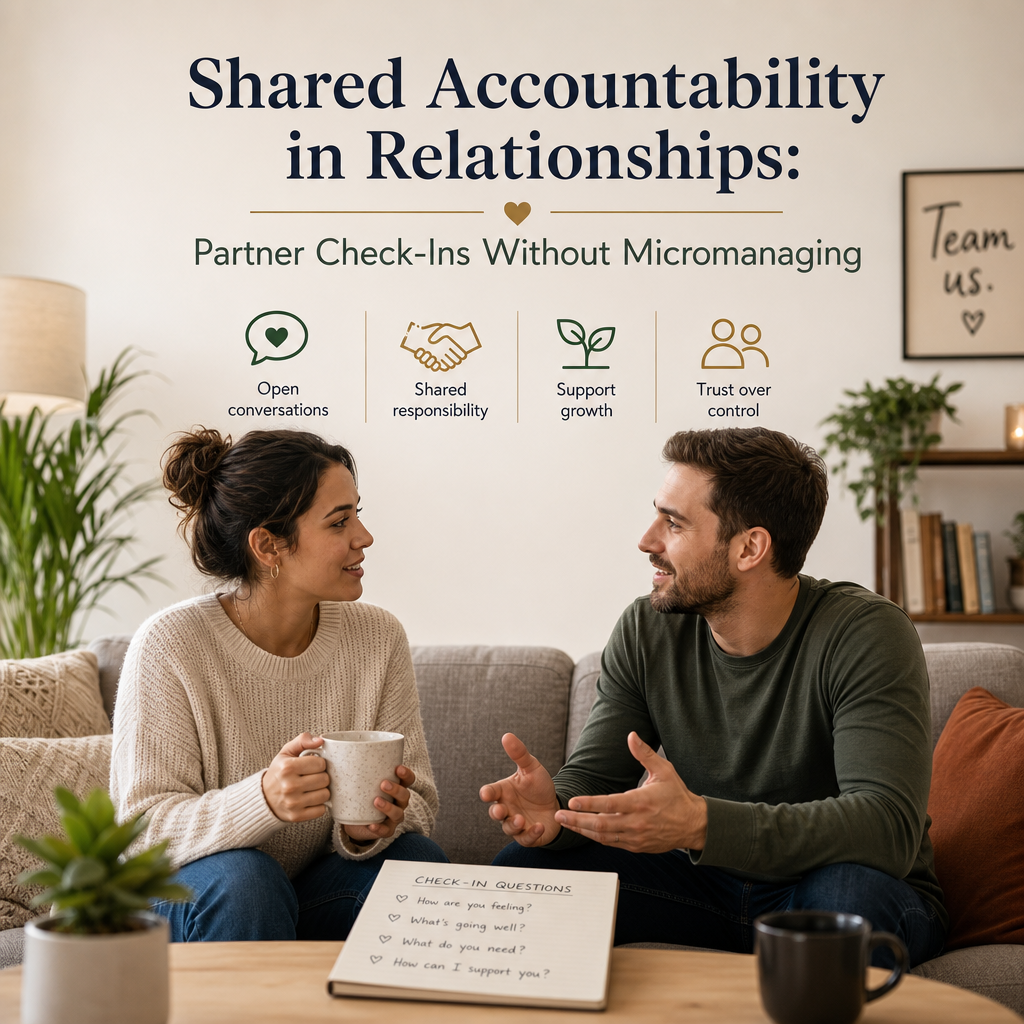 Couple discussing shared accountability with a simple partner check-in on a notebook