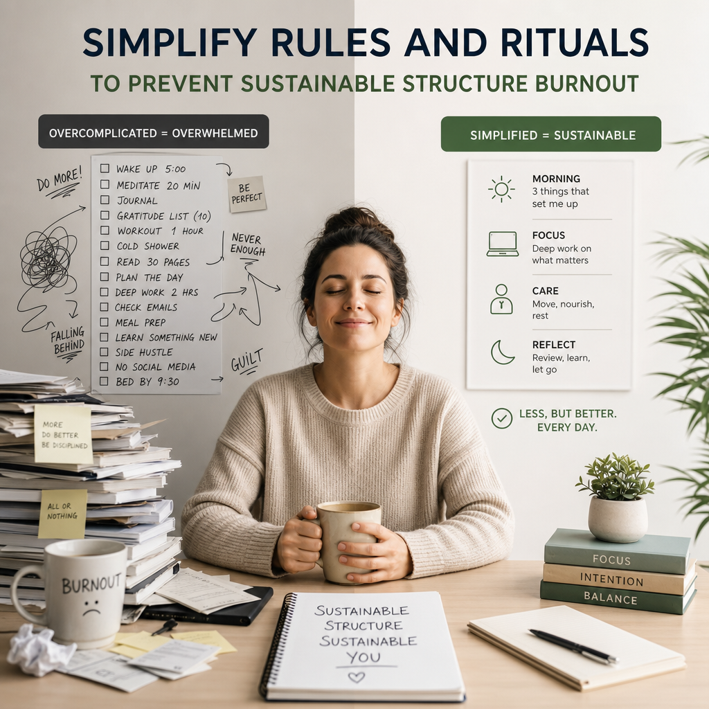 Woman practicing mindfulness at a cluttered desk, illustrating simpler rules for sustainable work-life balance