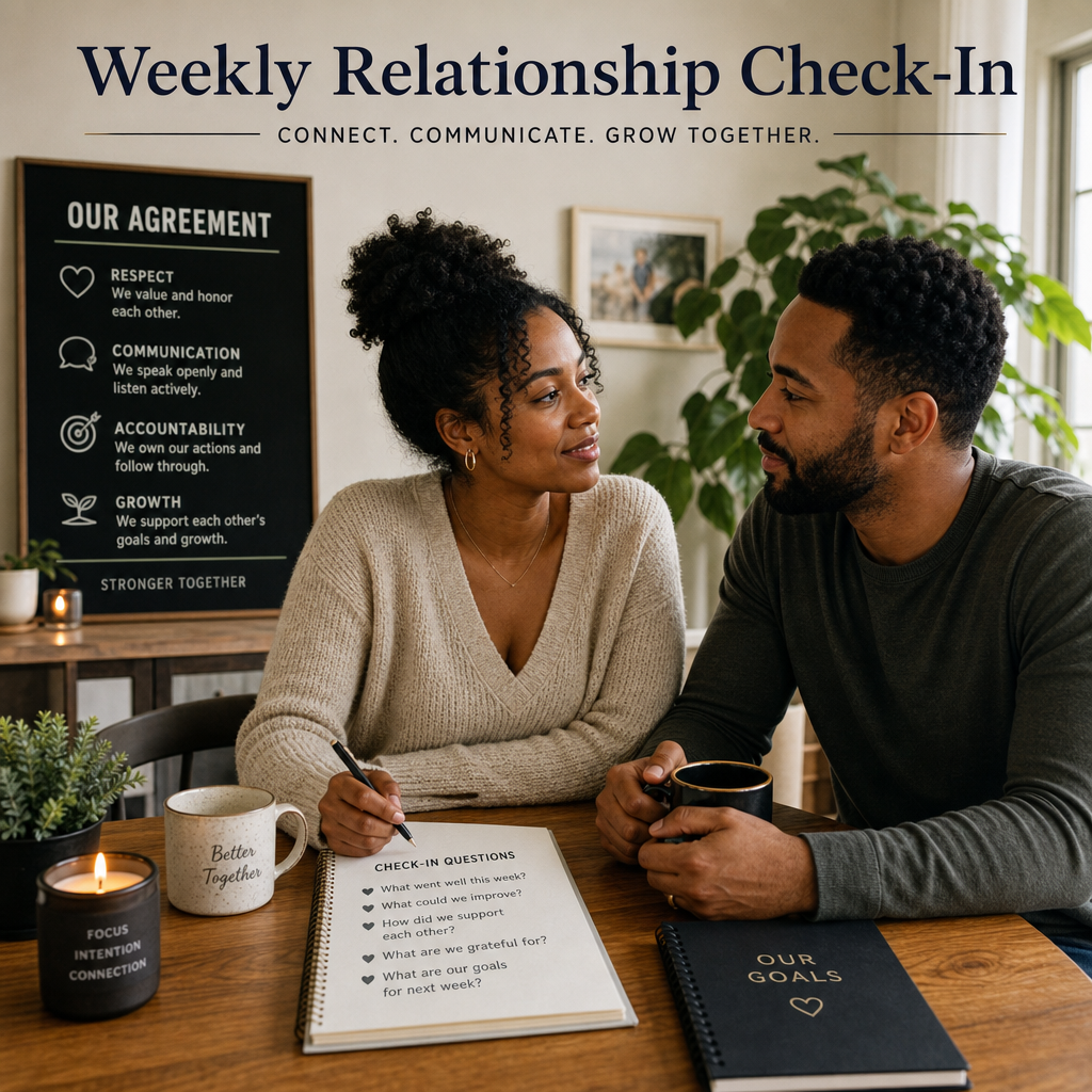 Couple having a weekly relationship check-in to discuss communication, accountability, and relationship growth