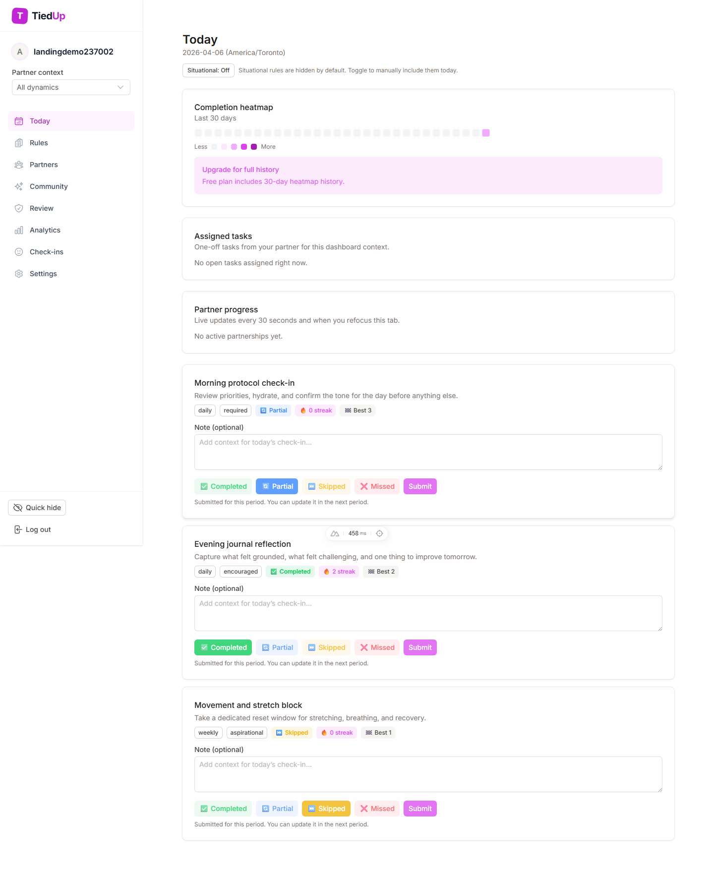 TiedUp daily dashboard with rule check-ins and completion heatmap.